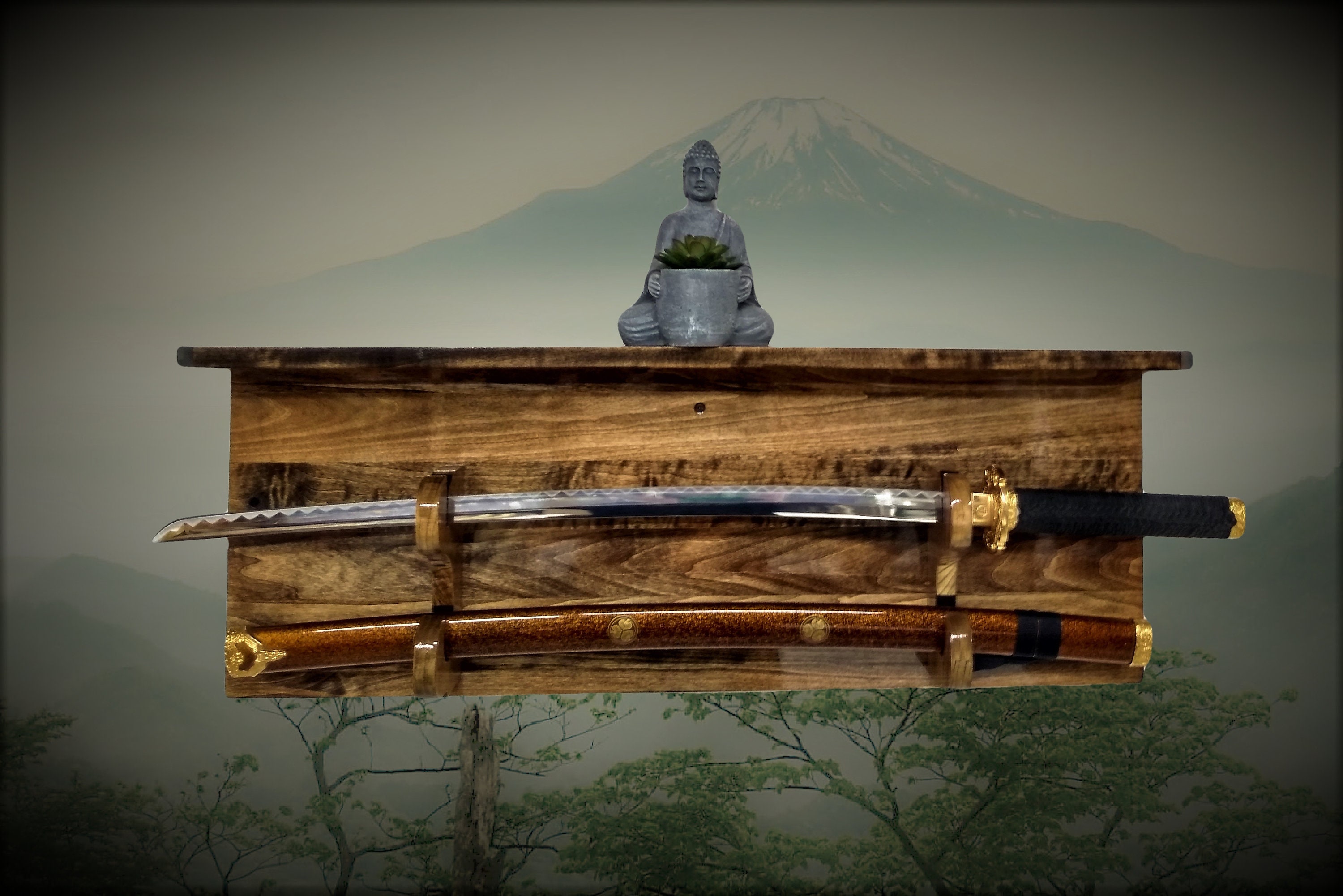 Sword Wall Rack Shelf Unique Finish Military Saber Katana Samurai Blade and Sheath Display Décor