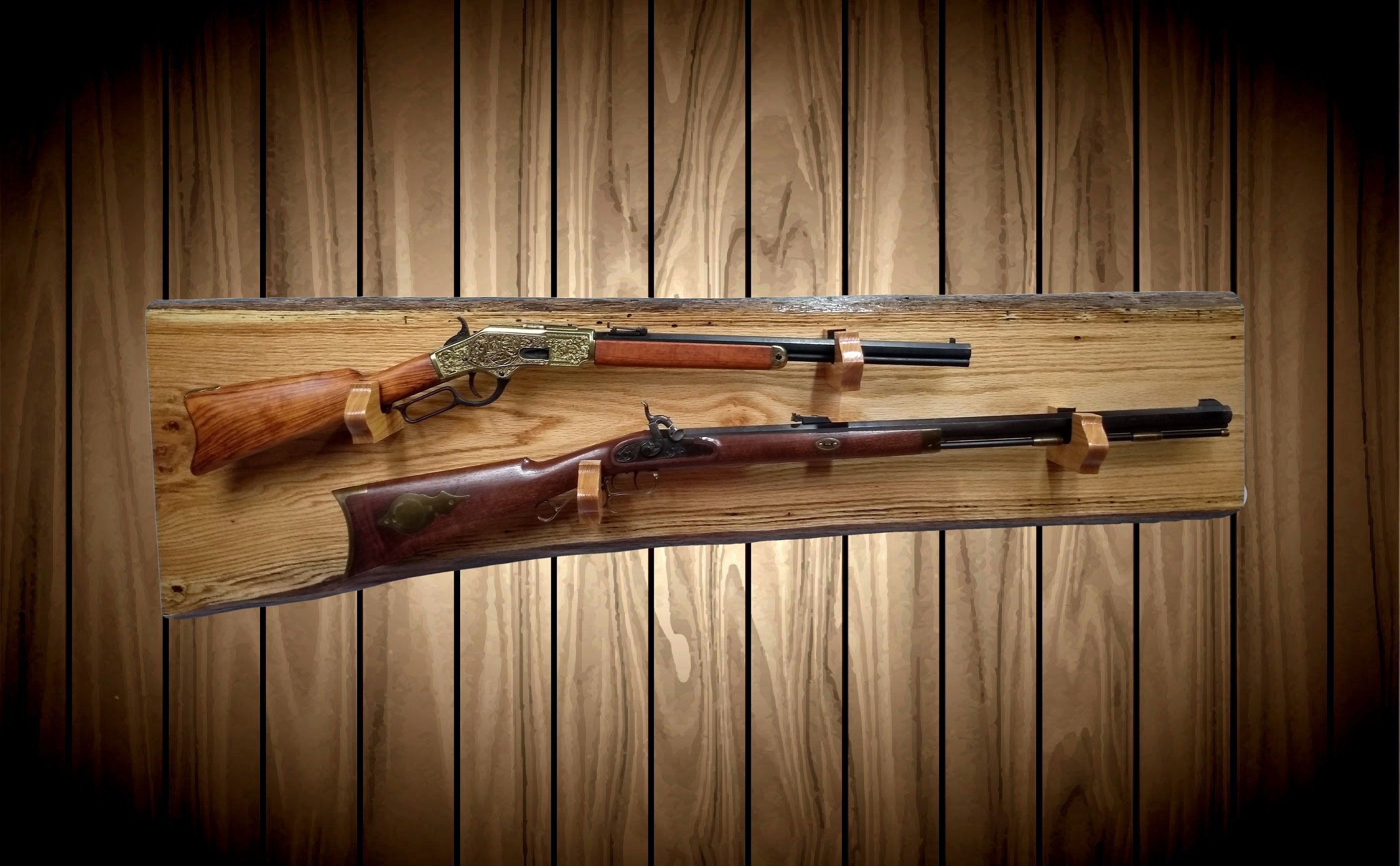 Rustic Oak Gun Rack, Live Edge 2 Gun Display, Rifle