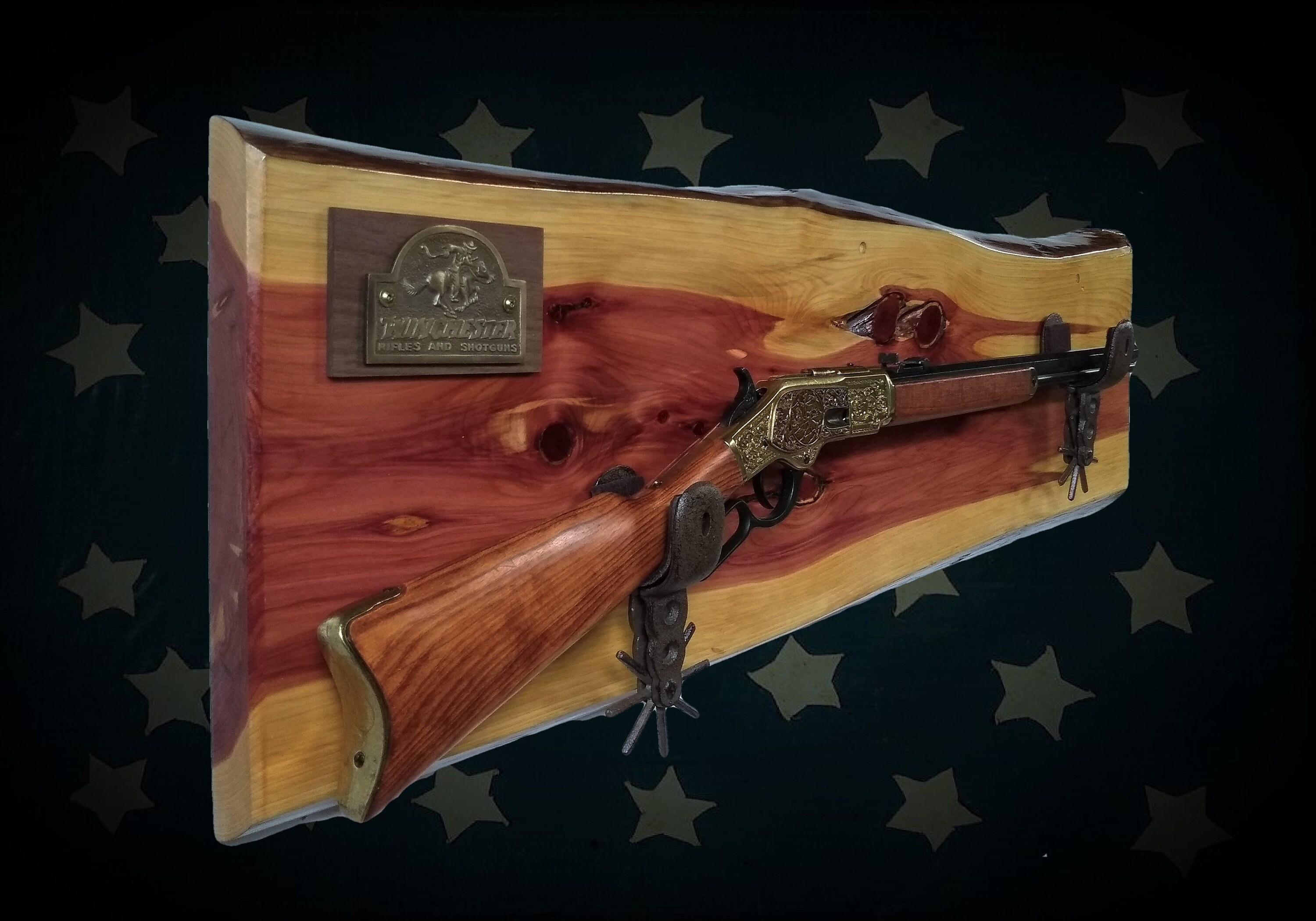 Live Edge Rustic Cedar Gun Rack Cast Iron Spur Hangers Winchester Rifle