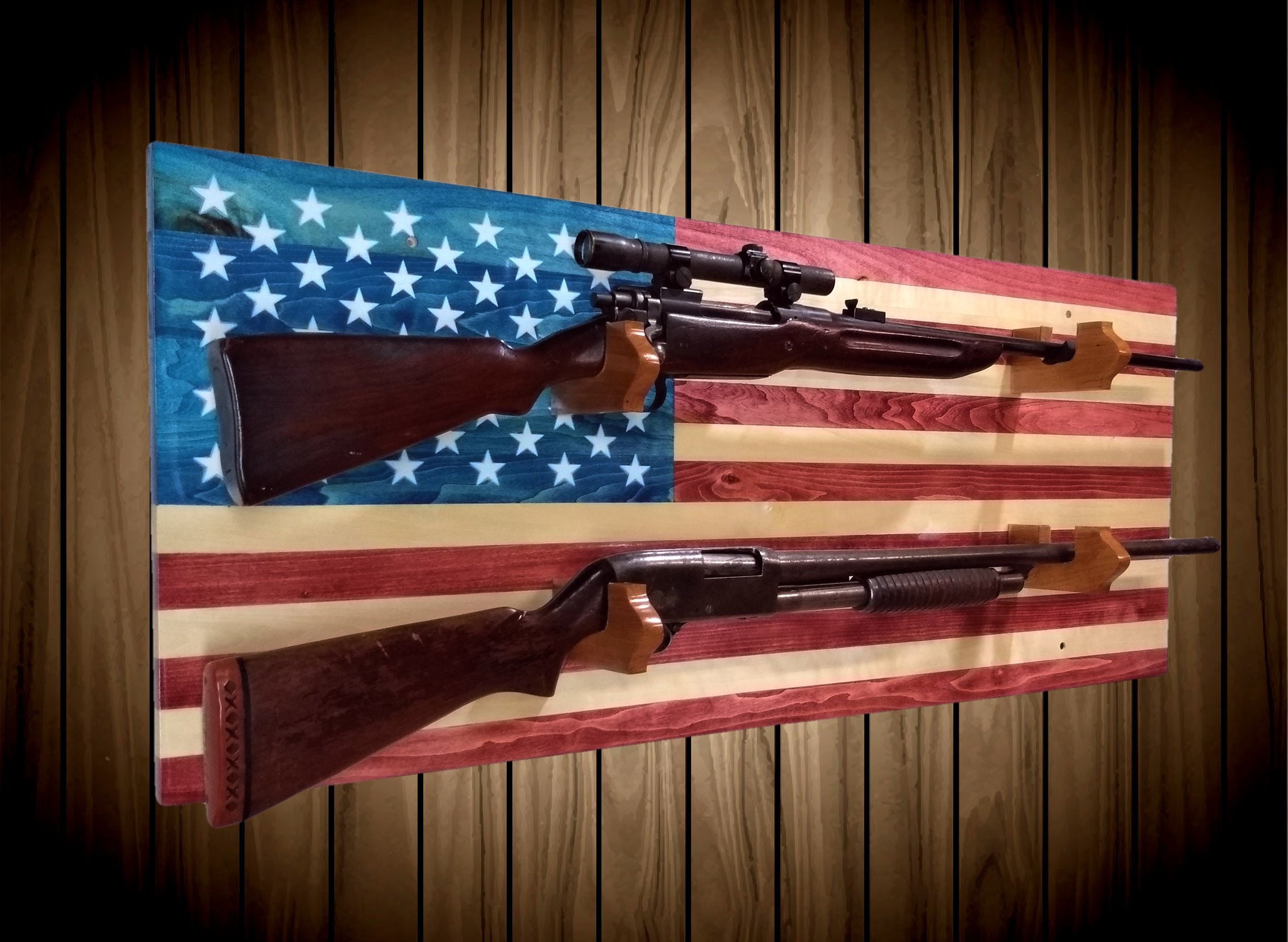 American Flag Gun Rack 2 Place Aspen Wood Wall Mount Rifle Shotgun Muzzle Loader Handcrafted Man