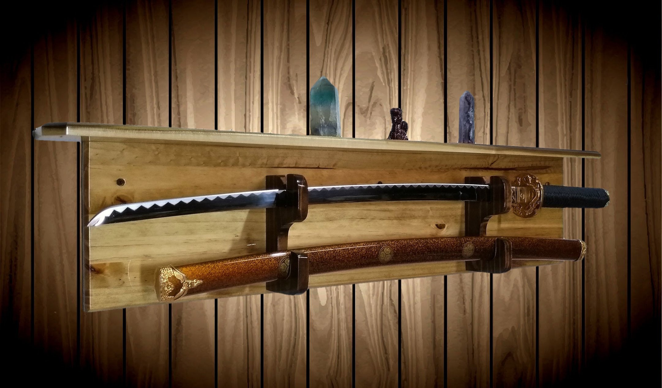 Knotty Pine Sword Display Rack, Wall Shelf, Military Saber Katana Blade and Sheath, Custom