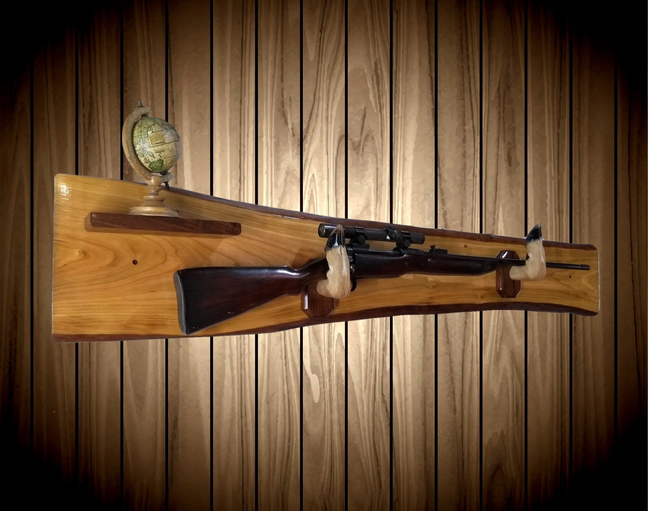 Rustic Gun Rack Live Edge Red Maple Small Shelf Deer Hoof Hangers Wall