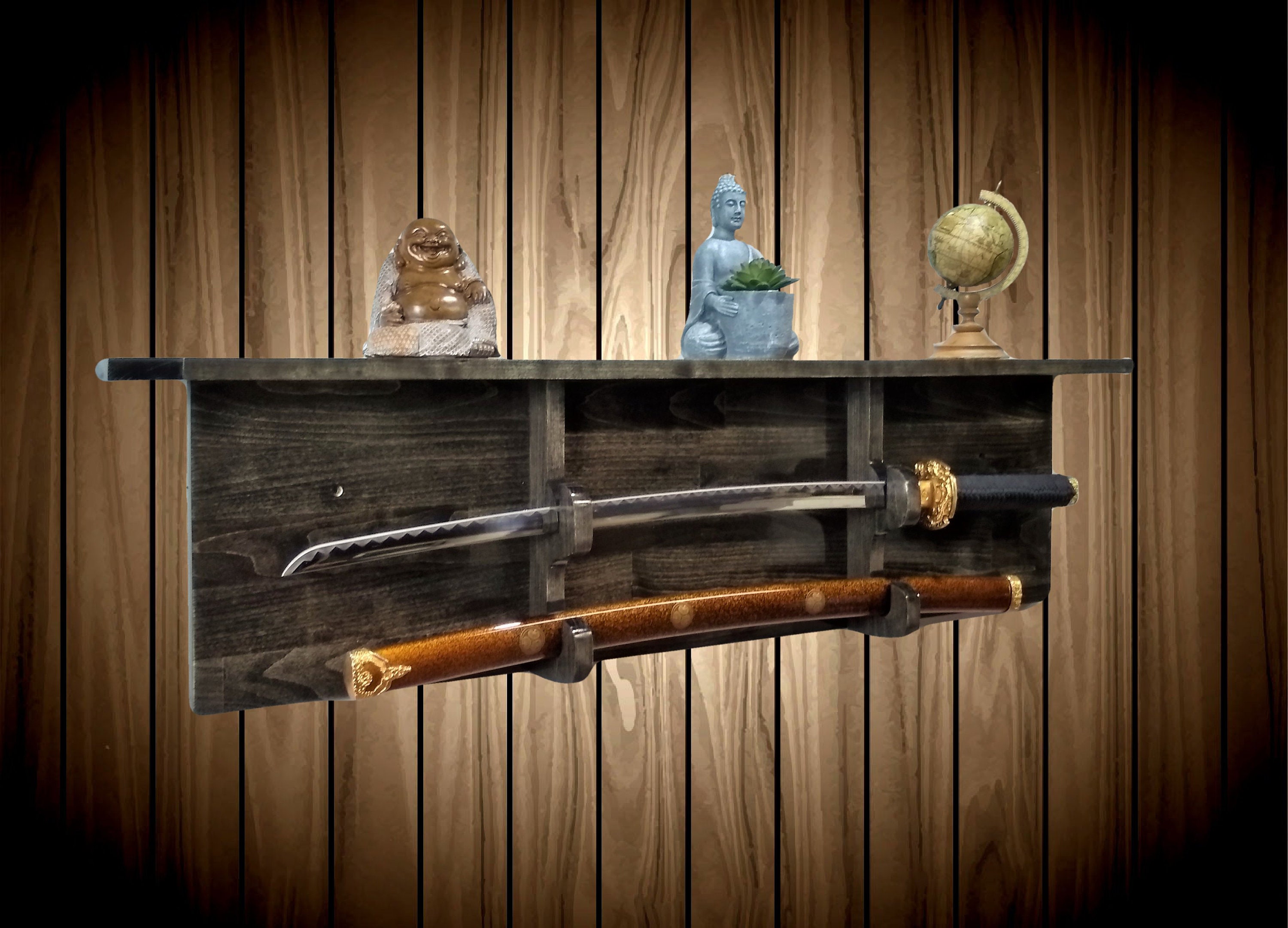 Ebony Sword Rack Display Shelf Wall Mount Katana Military, Unique Gift. FREE SHIPPING