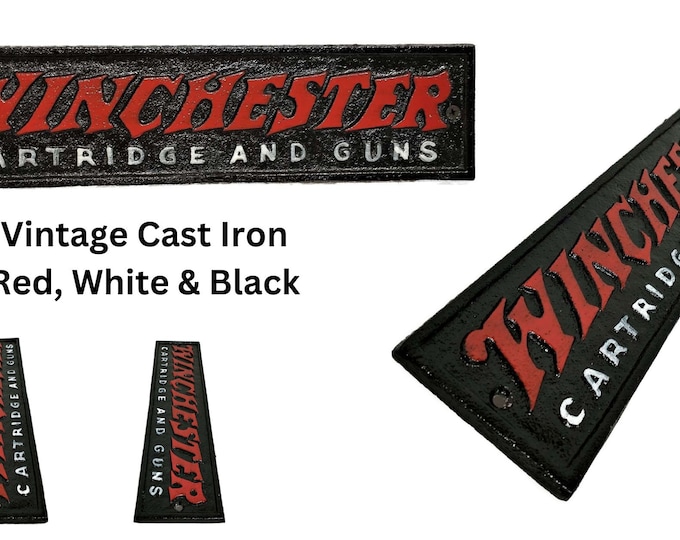 Vintage Red, White and Black Cast Iron Winchester Cartridge and Guns Plaque Rustic Ranch Cowboy Decor Gift