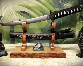 Rustic Live Edge Sword and Sheath Swamp Oak Rosewood Display Stand Samurai Military Collectors Gift