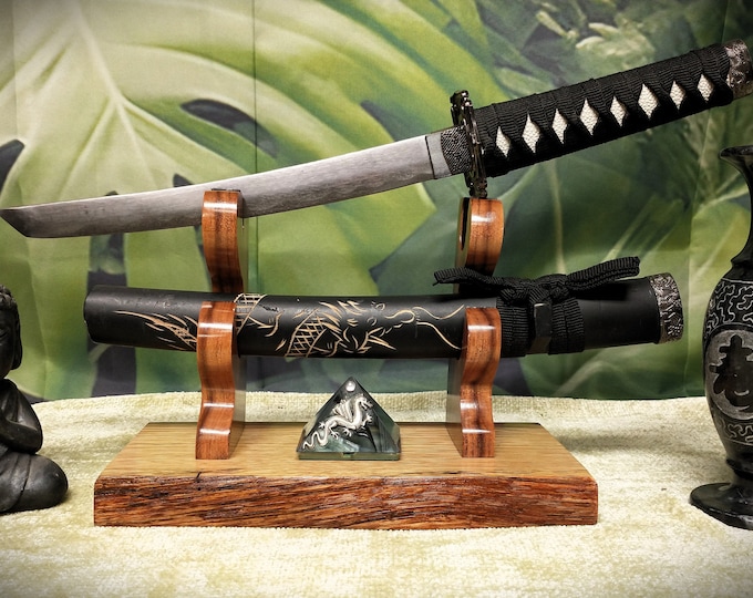 Rustic Live Edge Sword and Sheath Swamp Oak Rosewood Display Stand Samurai Military Collectors Gift