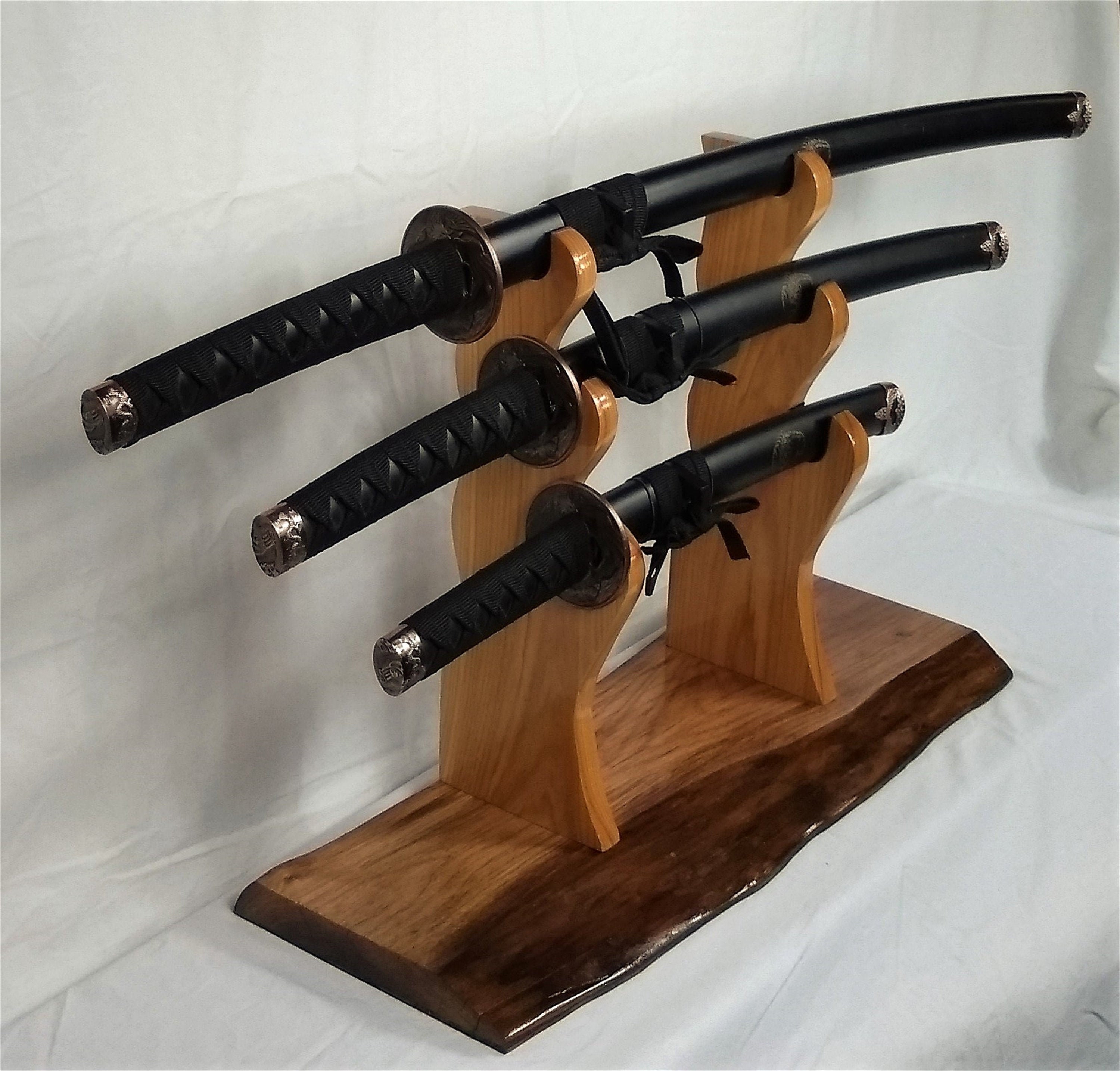 3 Tier Katana Wakizashi Tanto Sword Stand Live Edge Walnut Base Bushido