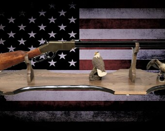 Rustic Lever Action Rifle Stand Display Faux Live Edge Oak Stunning Mantel Collectors Gift