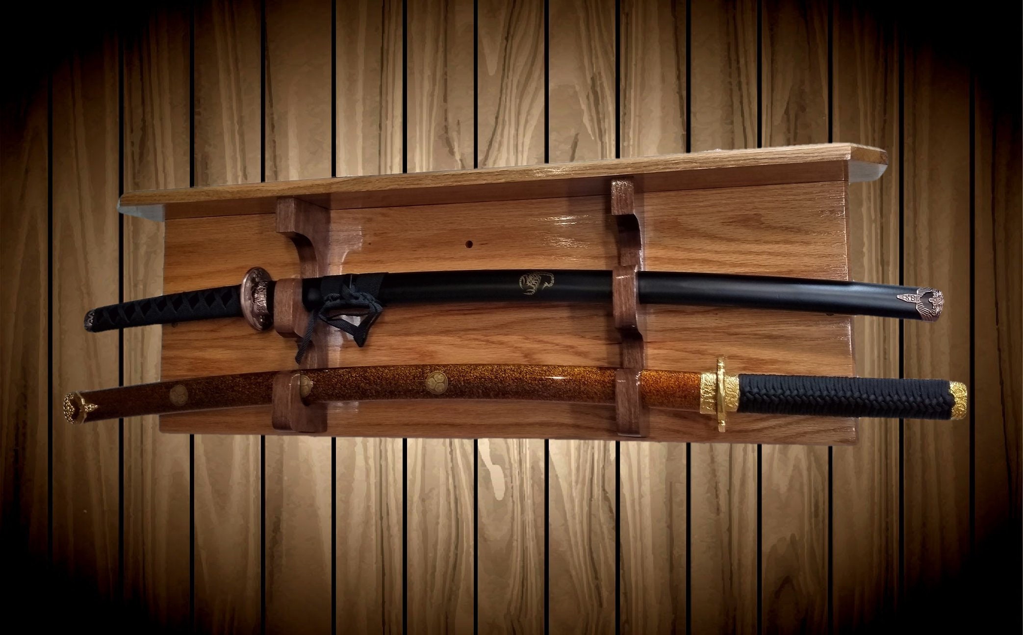 Solid Oak Military Saber Katana Sword Display Rack Shelf Wood Wall Mount Custom Walnut Hangers