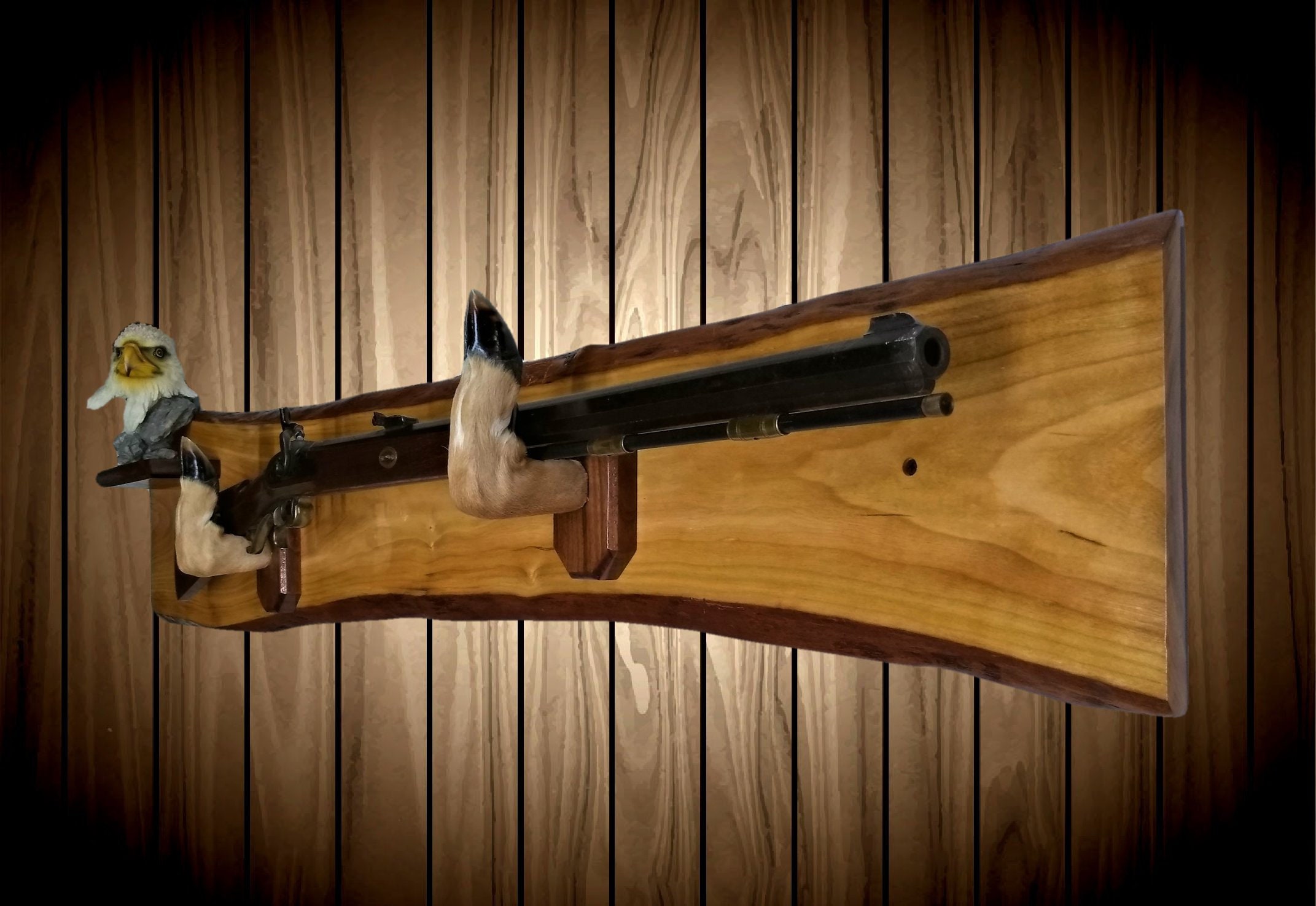 Rustic Gun Rack Live Edge Red Maple Small Shelf Deer Hoof Hangers Wall