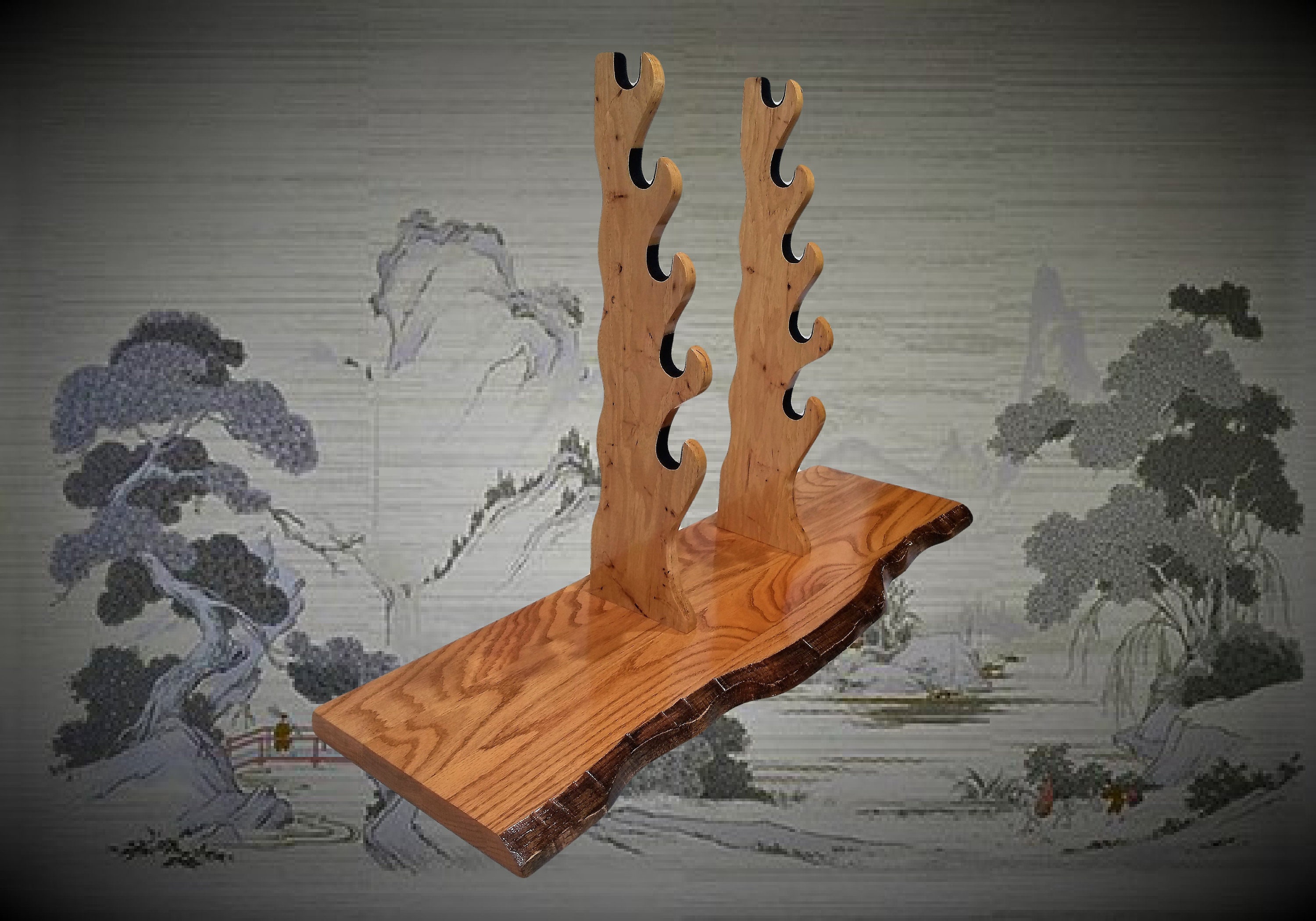 Solid Rustic Oak Katana Sword Stand, Hickory Holders, Mantel Desk Top