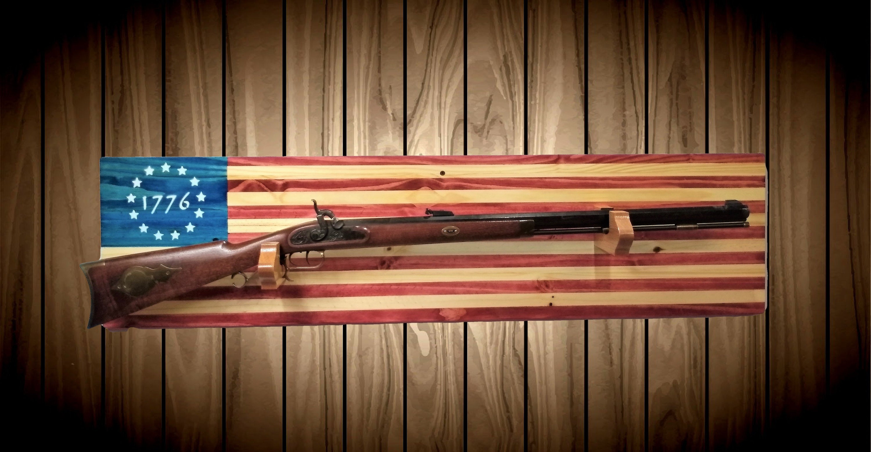 Patriotic 1776 American Flag Gun Rack, Knotty Pine Wall Mount, Rifle Shotgun, Handmade Americana