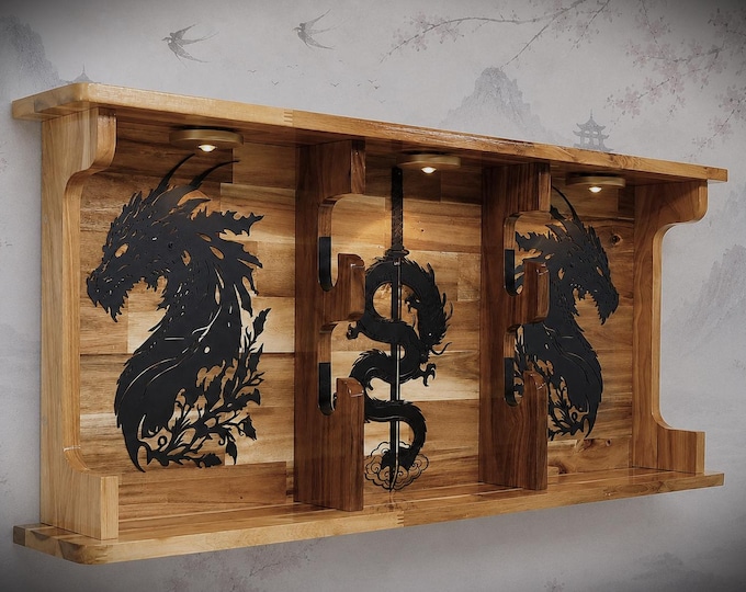 2 Tier Acacia Katana Sword Double Shelf Display Wall Rack Dragon Accents Japanese Dojo Gift