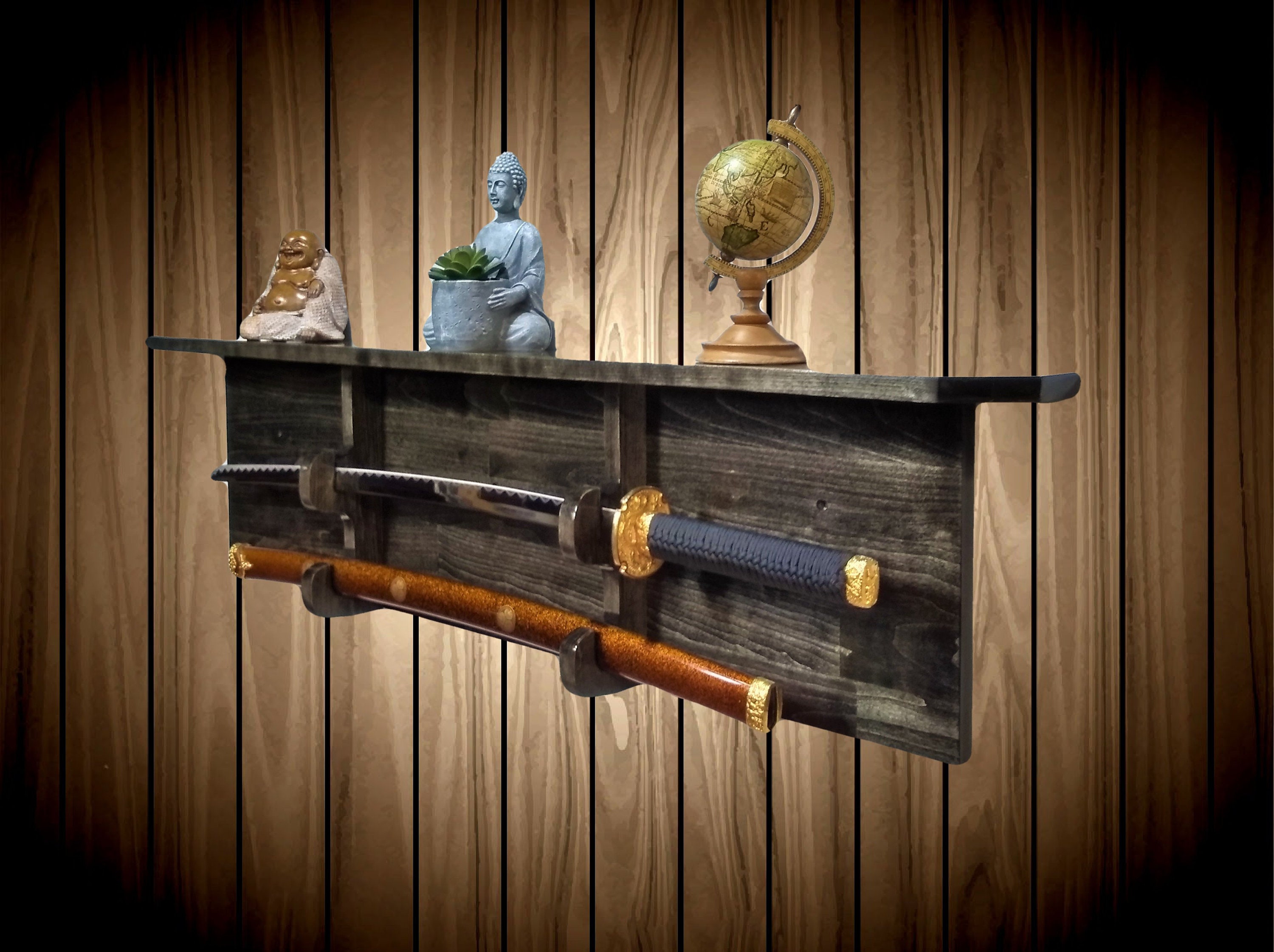 Ebony Sword Rack Display Shelf Wall Mount Katana Military, Unique Gift