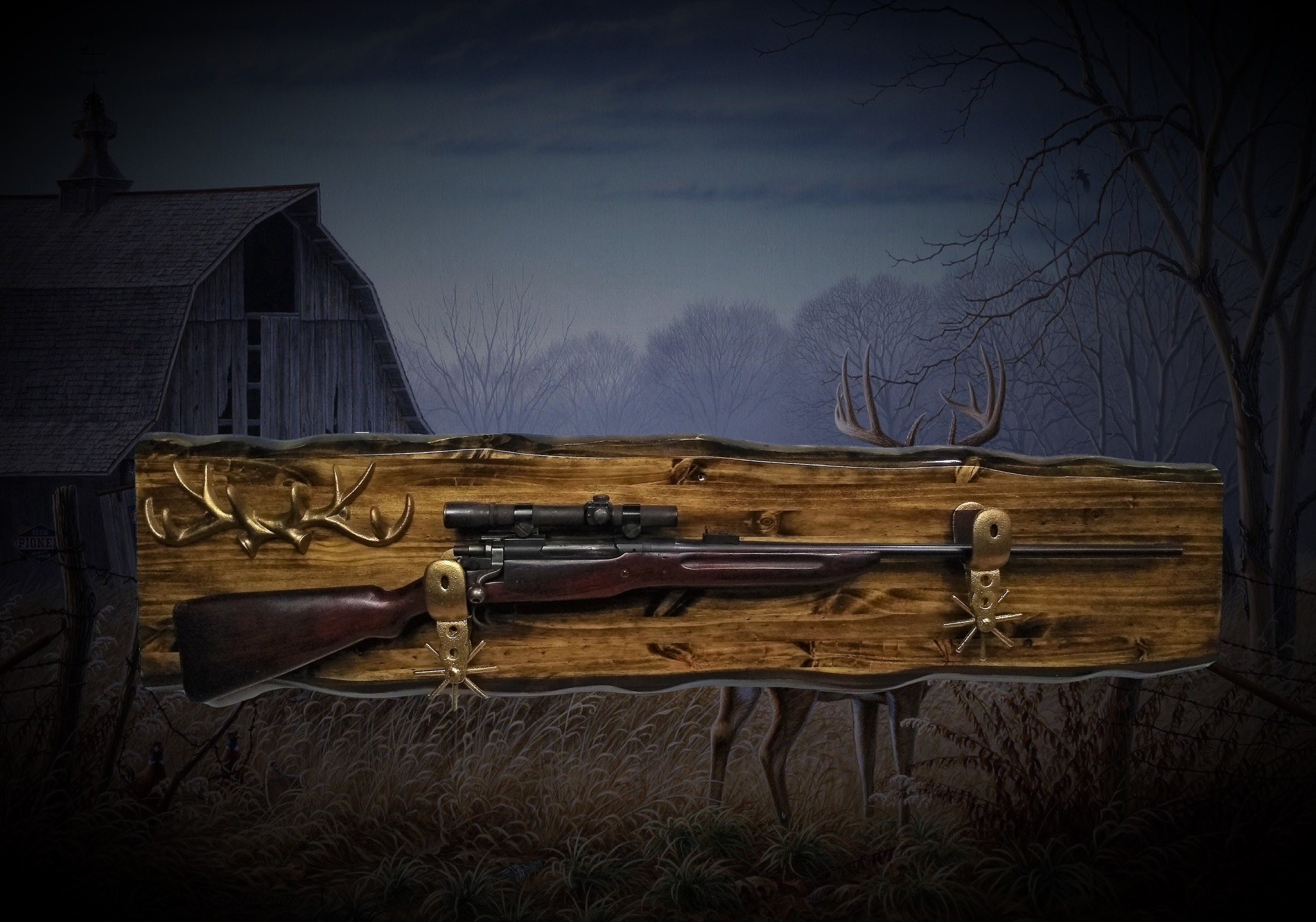 Rustic Knotty Pine Gun Rack Cast Iron Spur Hangers Cast Iron Antlers