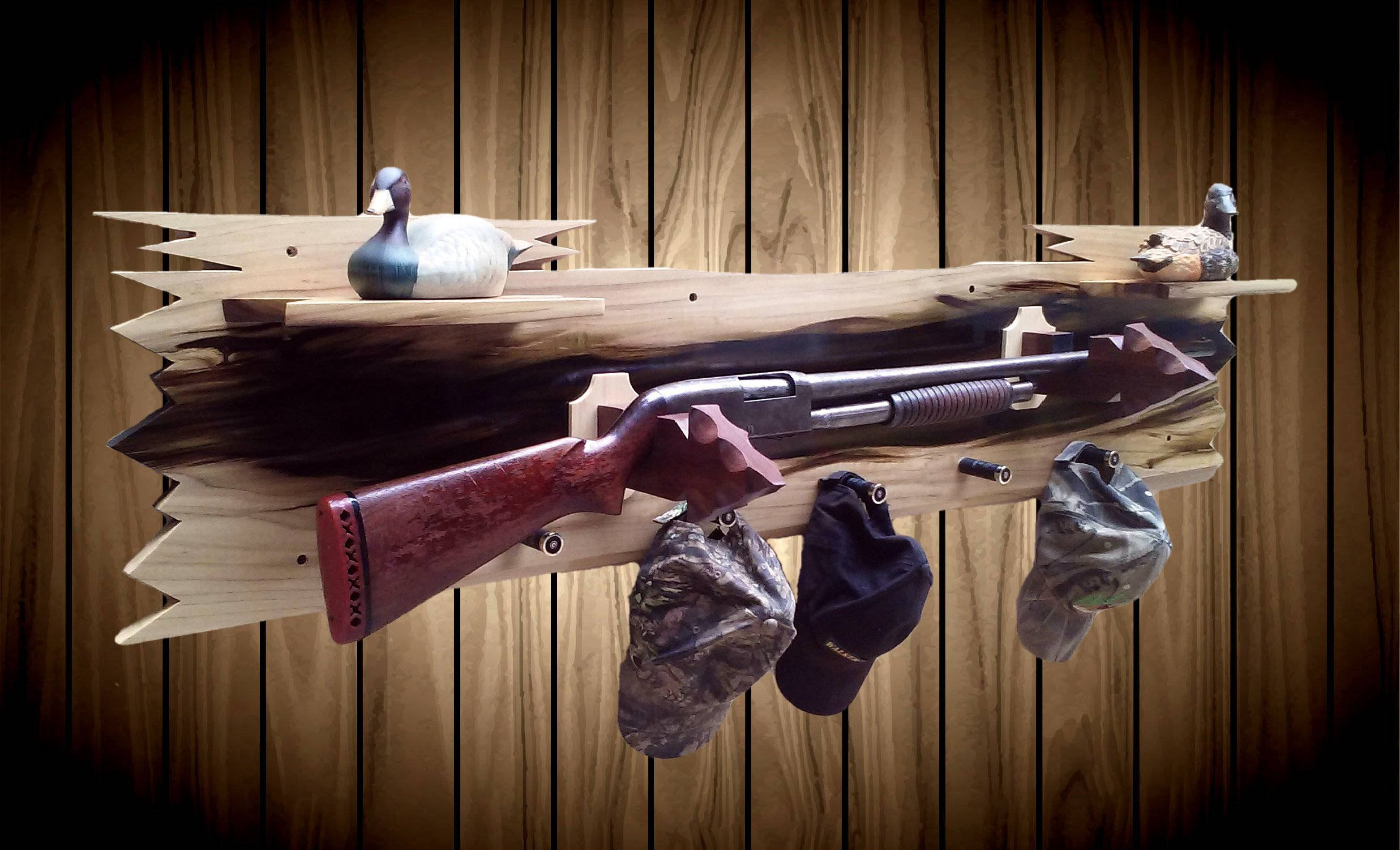 Rustic Wood Wall Gun Rack Aged Poplar Shelf Shotgun Shell Hat Coat Rack