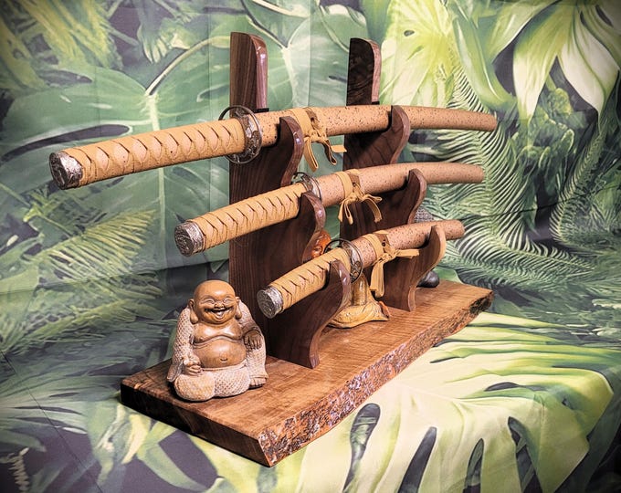 Rustic Live Edge Claro Walnut 3-Tier Sword Stand: Samurai Katana Display
