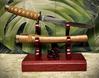 Traditional Exotic Purple Heart K-bar Knife Wakizashi Tanto Dagger and Sheath Display Stand Military Samurai Collectors Veterans Gift
