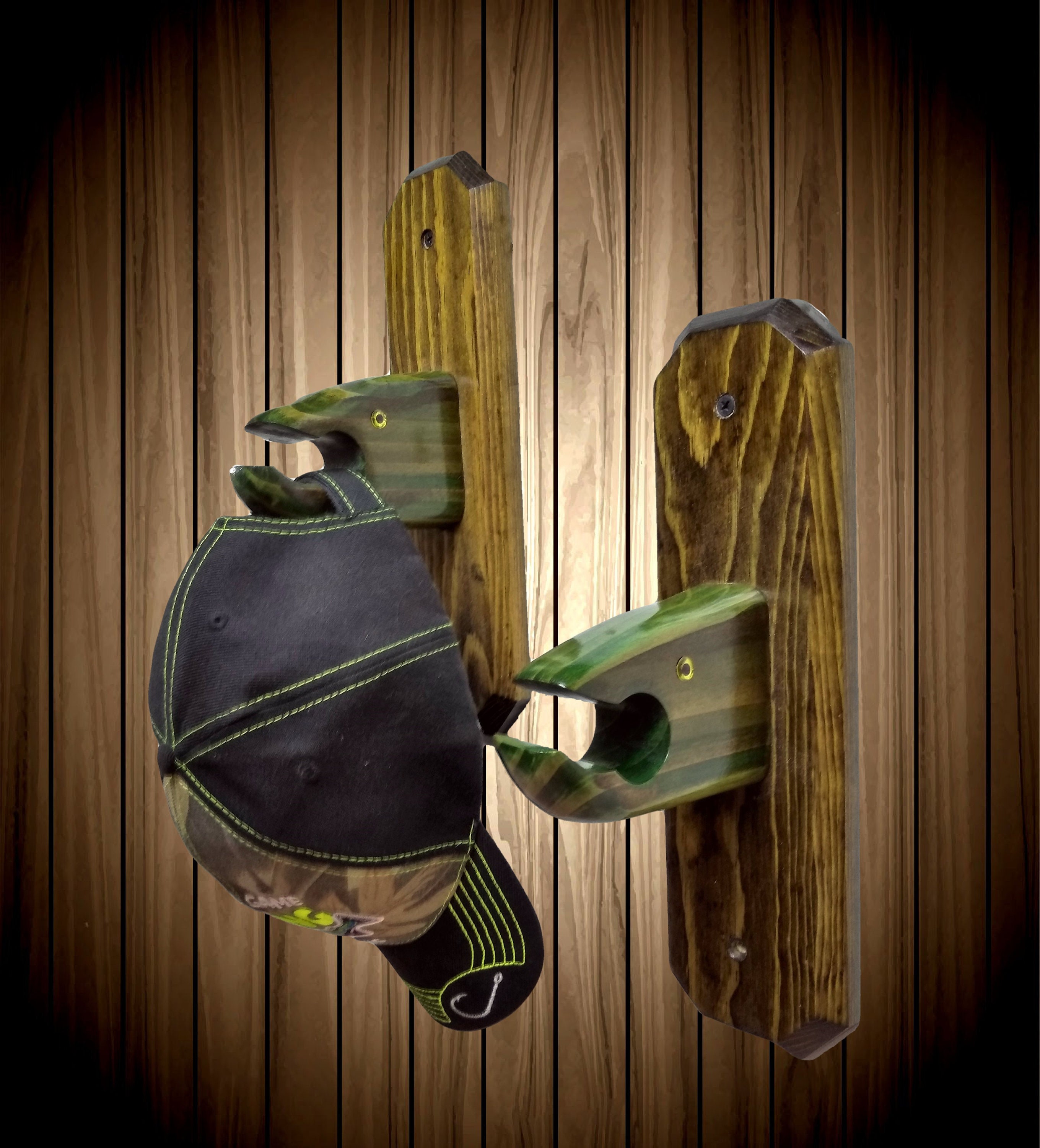 Unique Pair Rustic Fish Hooks Holders Hand Painted Fishing