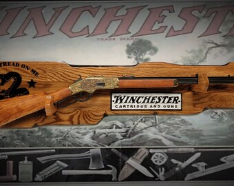 Rustic Don't Tread On Me Lever Action Winchester Rifle Display Faux Live Edge Oak Gun Rack Cabin Décor Collectors Gift