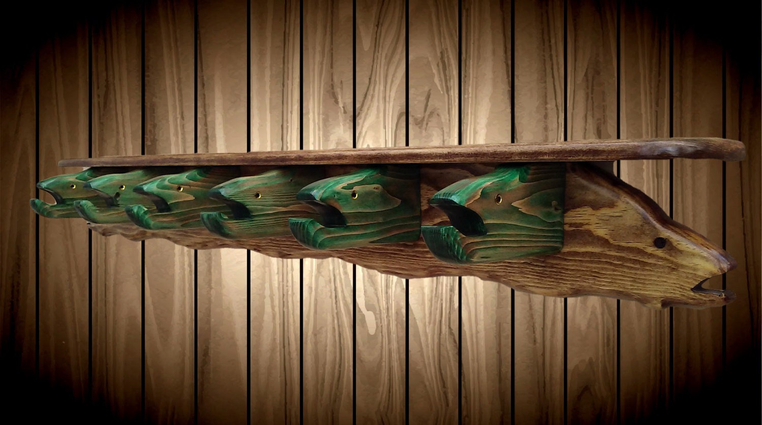 Wood Fish Coat Hat Rack Shelf 6 FISH Head Hangers DISPLAY Handmade Wall