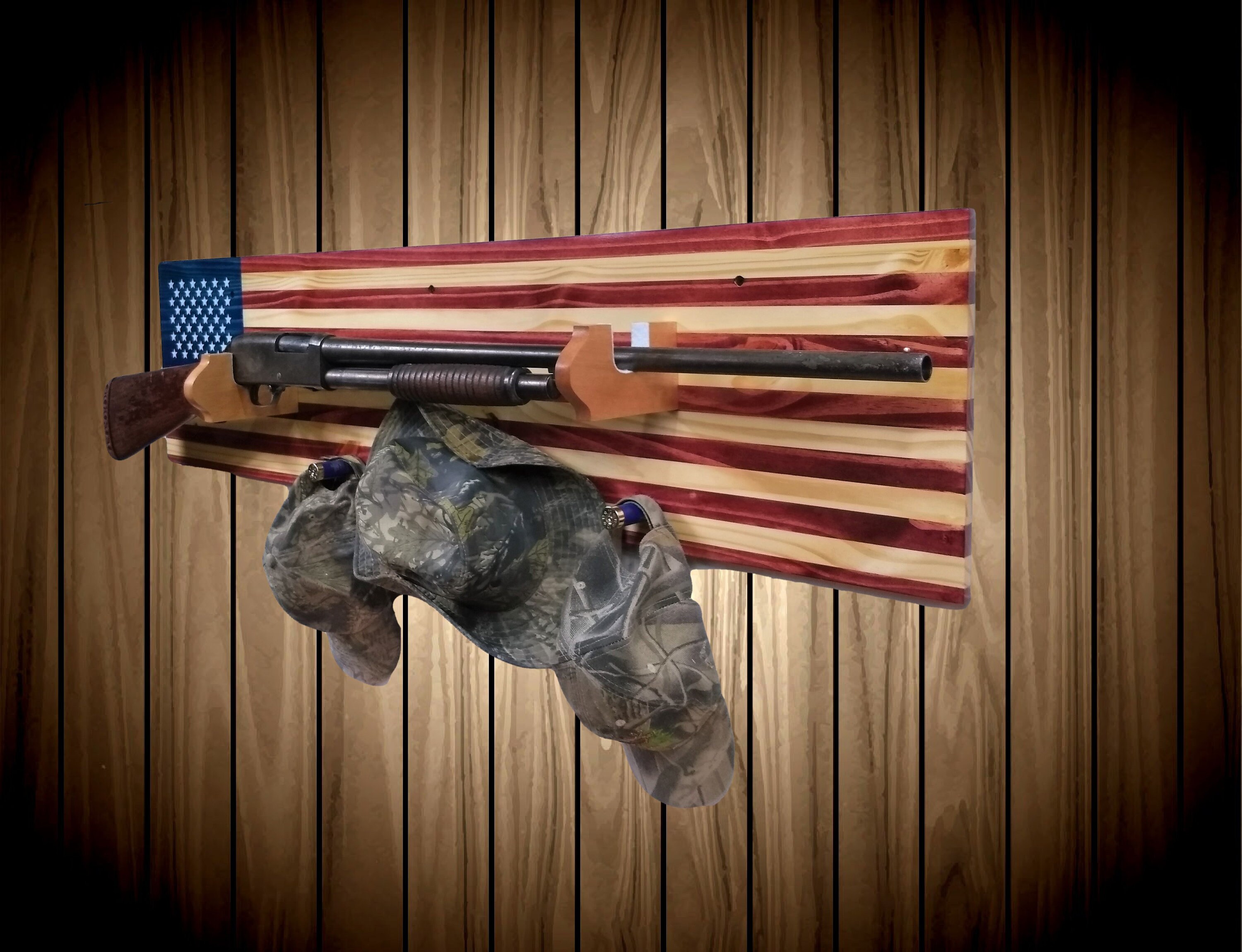 Old Glory American Flag Gun Rack Knotty Pine Wall Mount Rifle Shotgun Handmade Americana Cabin