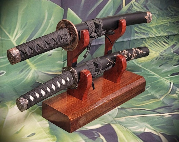 Traditional Minimalist 2 Tier Teak and Padauk Sword Display Stand Collector Gift