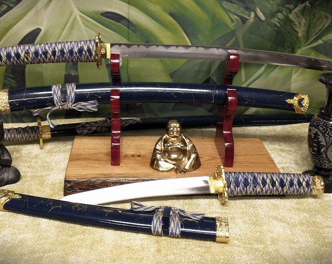Rustic Live Edge Sword and Sheath Oak Purple Heart Display Stand Samurai Military Collectors Gift