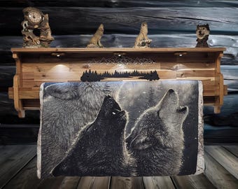 Lighted Acacia Quilt Rack with Shelf | Rustic Mountain Forest Silhouette Display