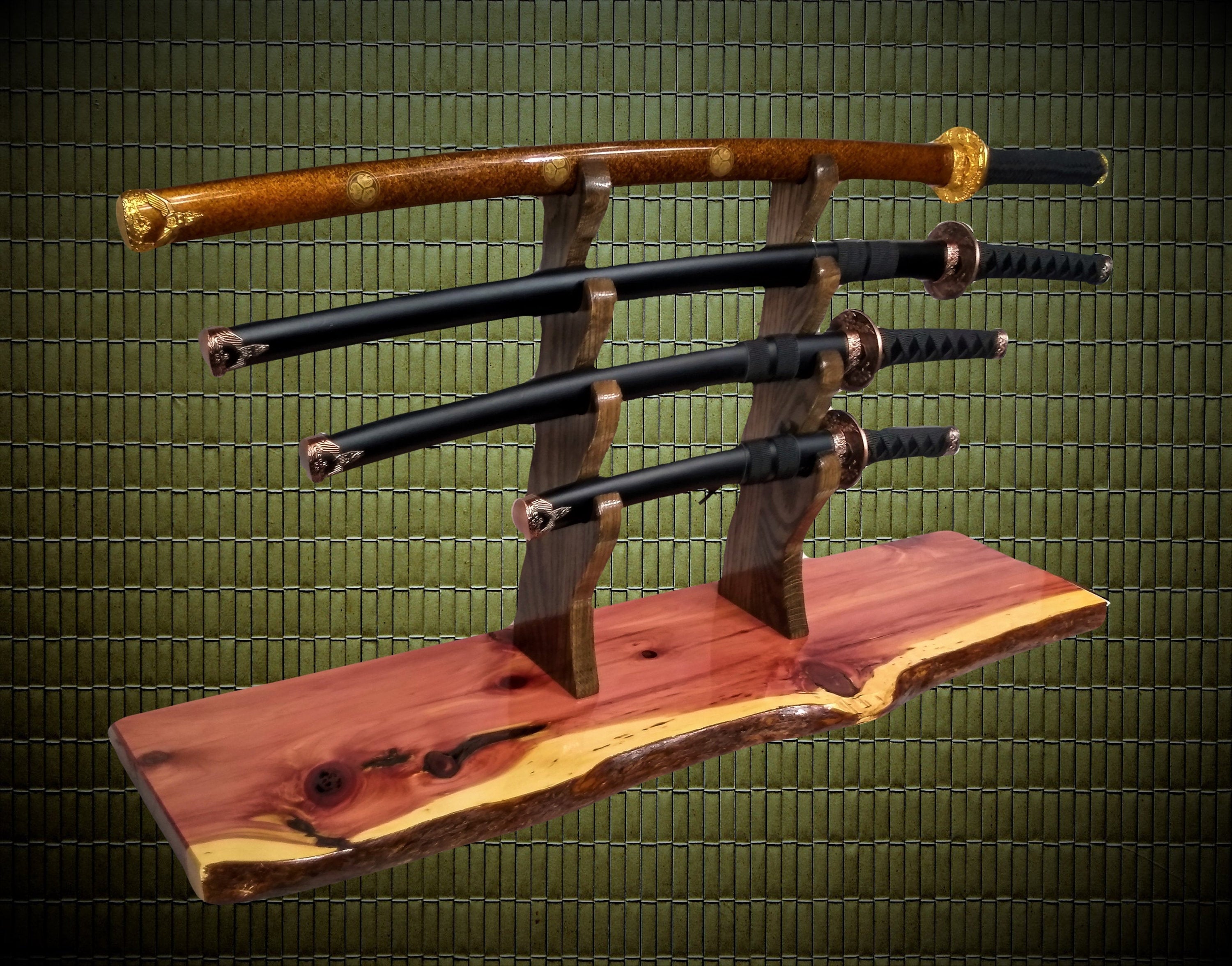 Rustic 4 Tier Samurai Sword Display Stand, Katana Wakizashi Tanto, Live Edge Knotty Cedar