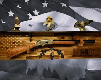 Tradition 50 Gold Star Lever Action Henry Shelf Acacia Wood Rifle Gun Display, Western Farmhouse Gift