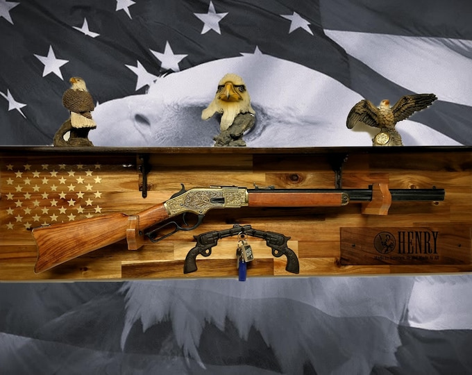 Tradition 50 Gold Star Lever Action Henry Shelf Acacia Wood Rifle Gun Display, Western Farmhouse Gift