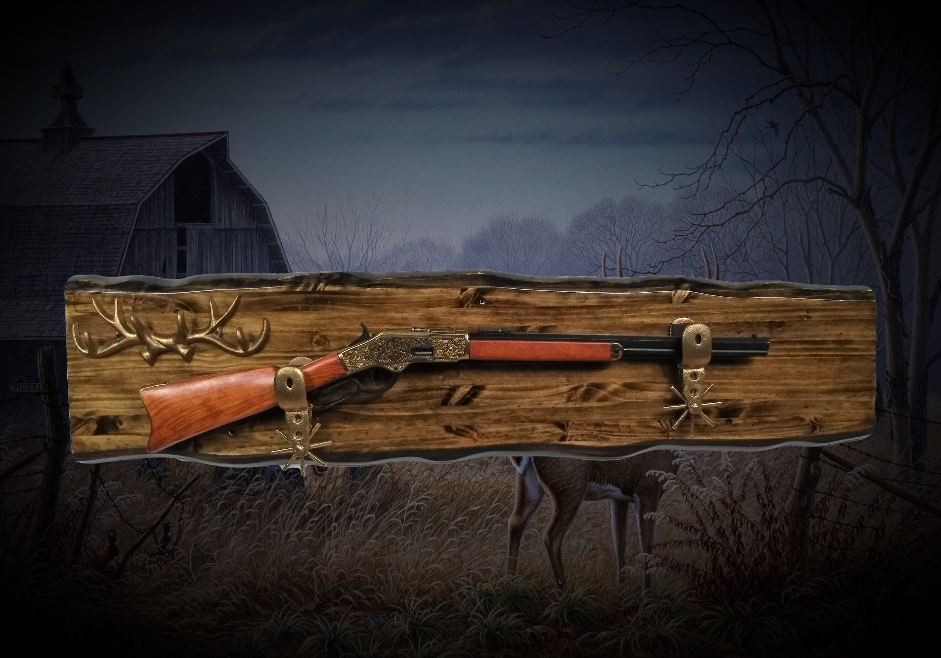 Rustic Knotty Pine Gun Rack Cast Iron Spur Hangers Cast Iron Antlers