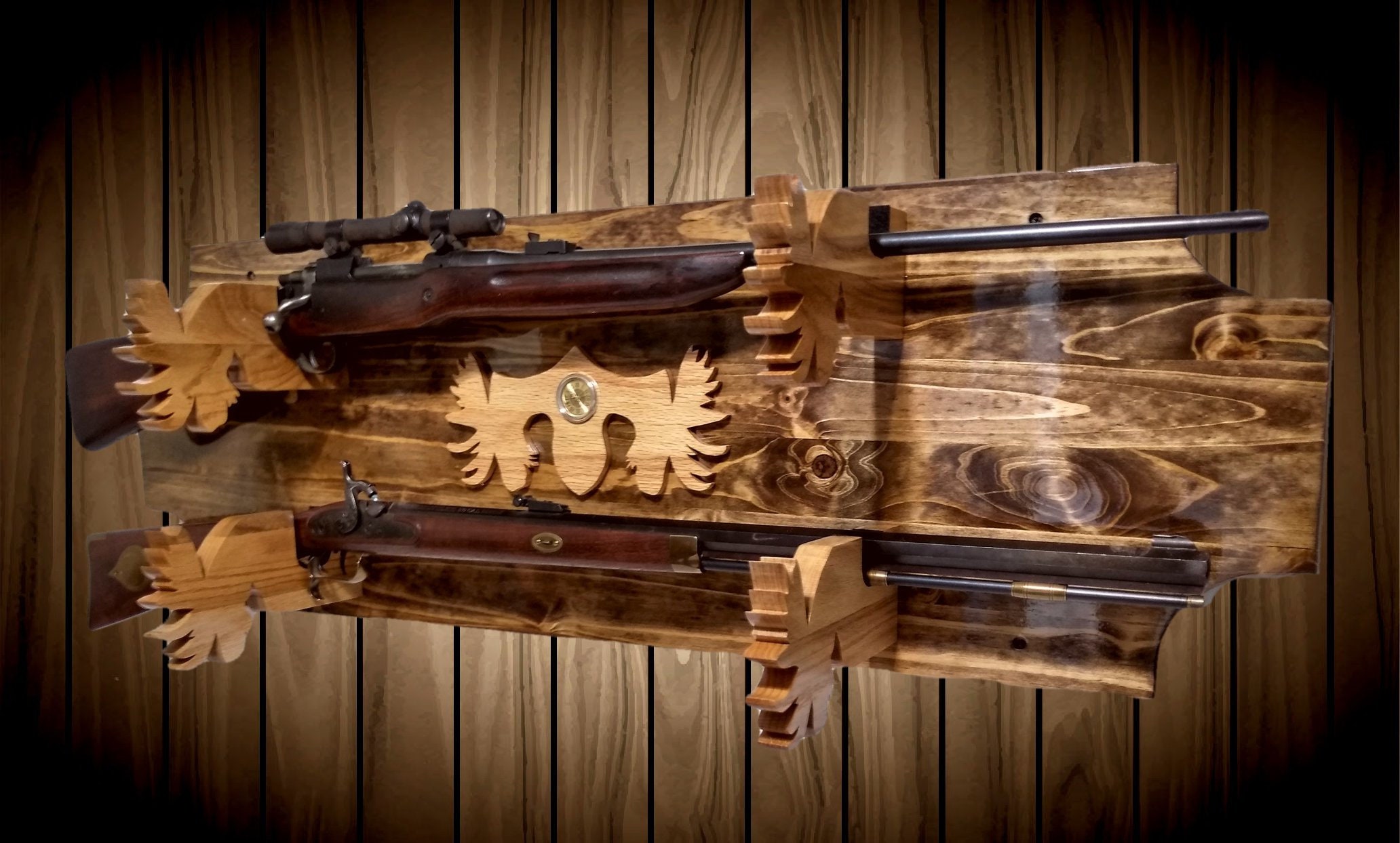 2 Place Knotty Pine Gun Rack Wall Mount Moose Holders and Decor Shotgun