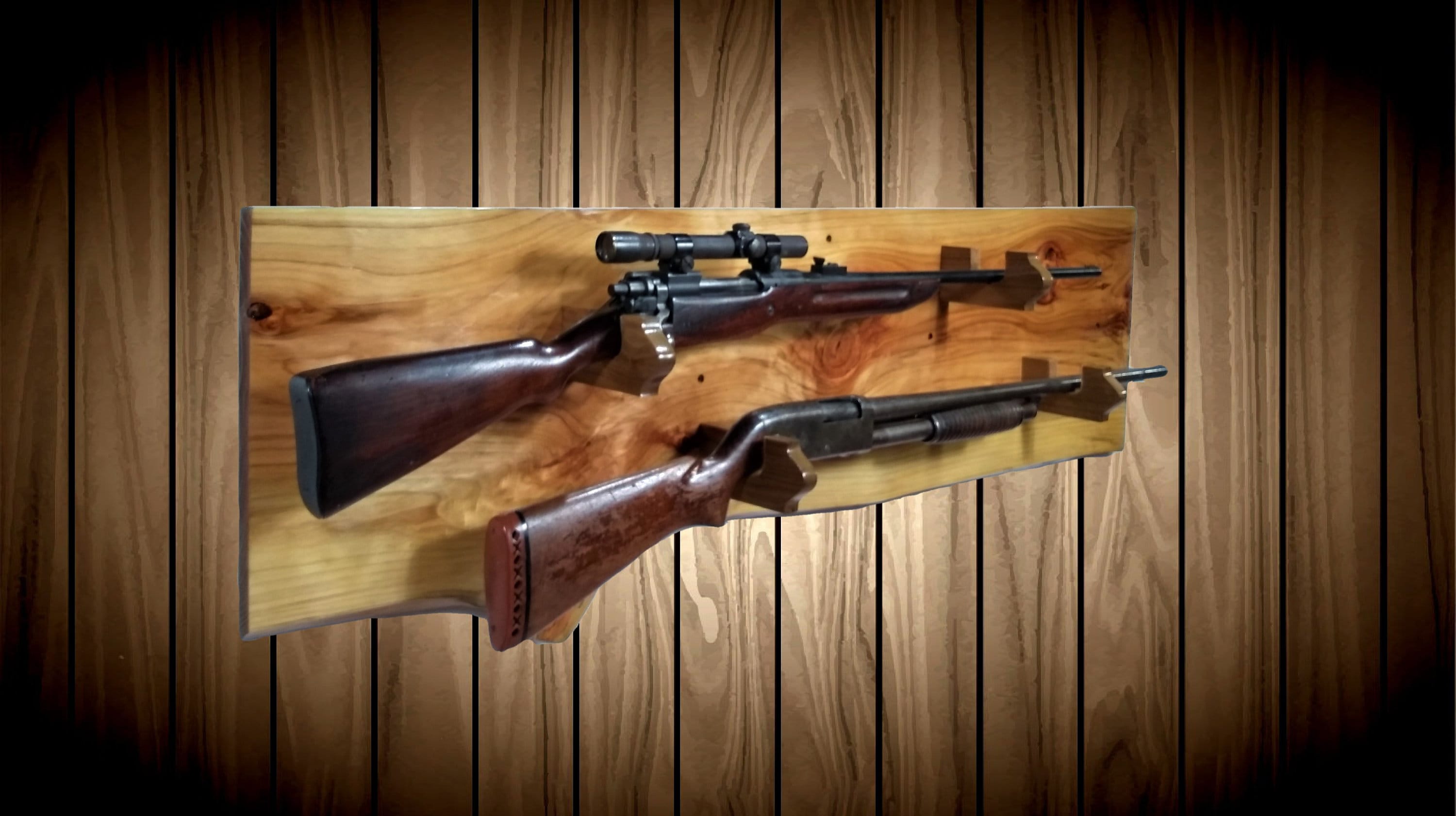 Rustic Gold Gun Rack, Live Edge Knotty Cypress, 2 Guns Display, Wall