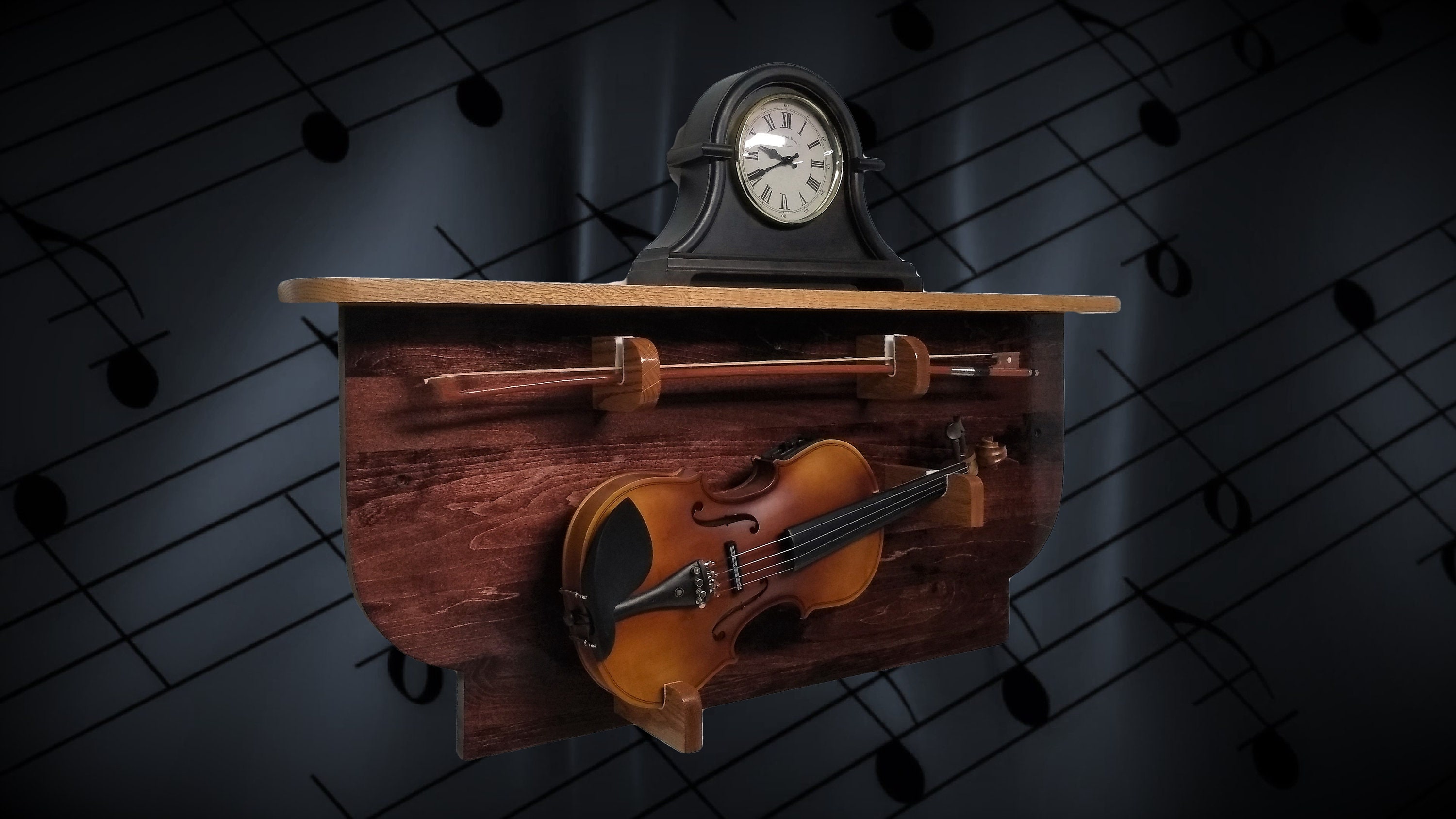 Mahogany Violin Display Rack with Oak Shelf Unique Rustic Musical Wall
