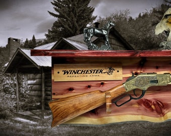 Rustic Live Edge Lever Action Winchester Red Cedar Rifle Display with Shelf perfect for a Western farmhouse gift