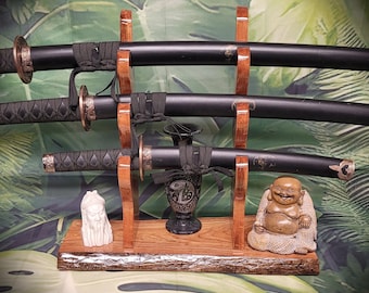 Live Edge Rustic 3 Tier Cherry Samurai Katana Display Stand Collector Gift
