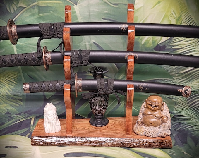 Live Edge Rustic 3 Tier Cherry Samurai Katana Display Stand Collector Gift
