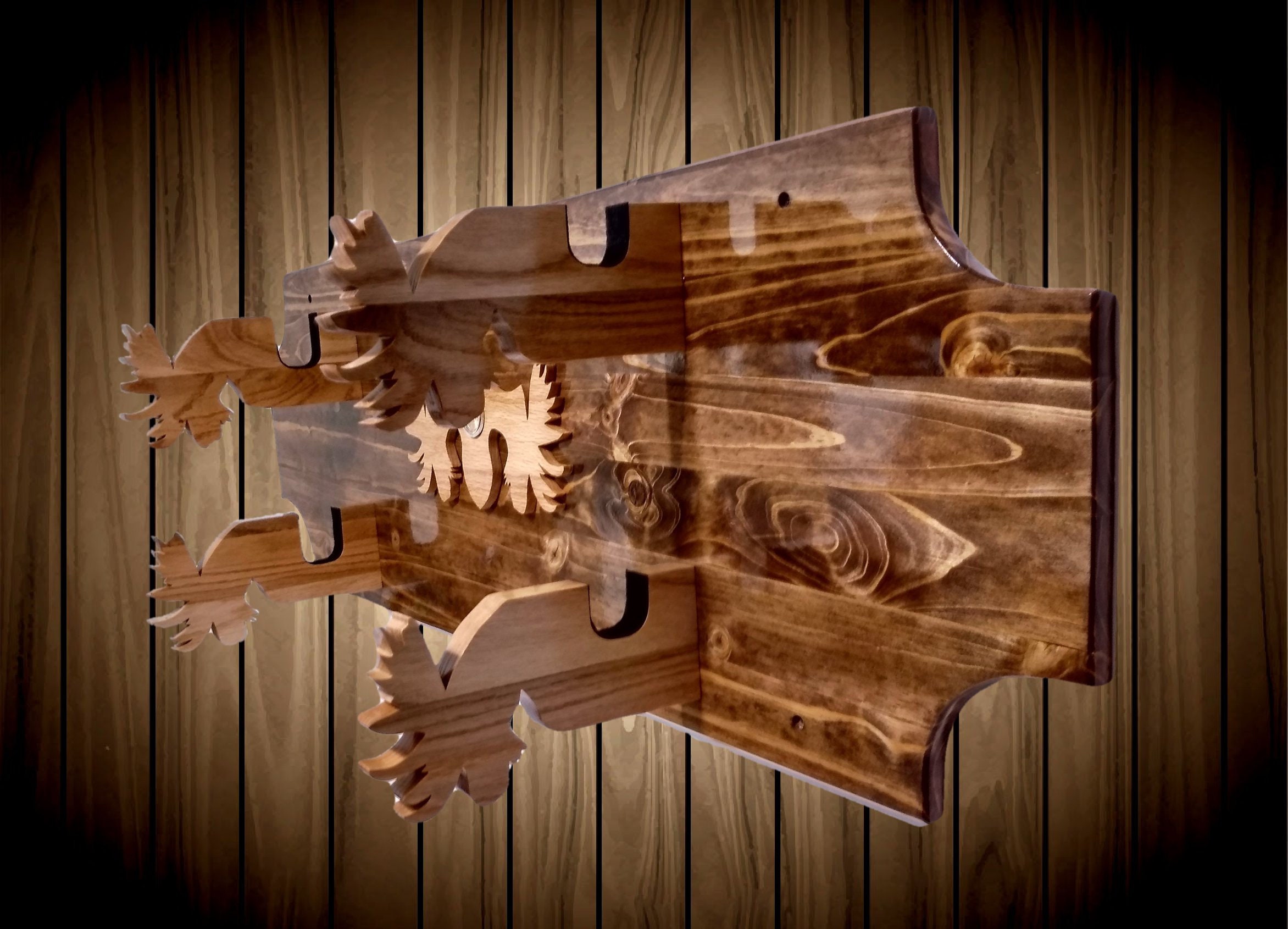 2 Place Knotty Pine Gun Rack Wall Mount Moose Holders and Decor Shotgun Rifle Muzzle Loader ...