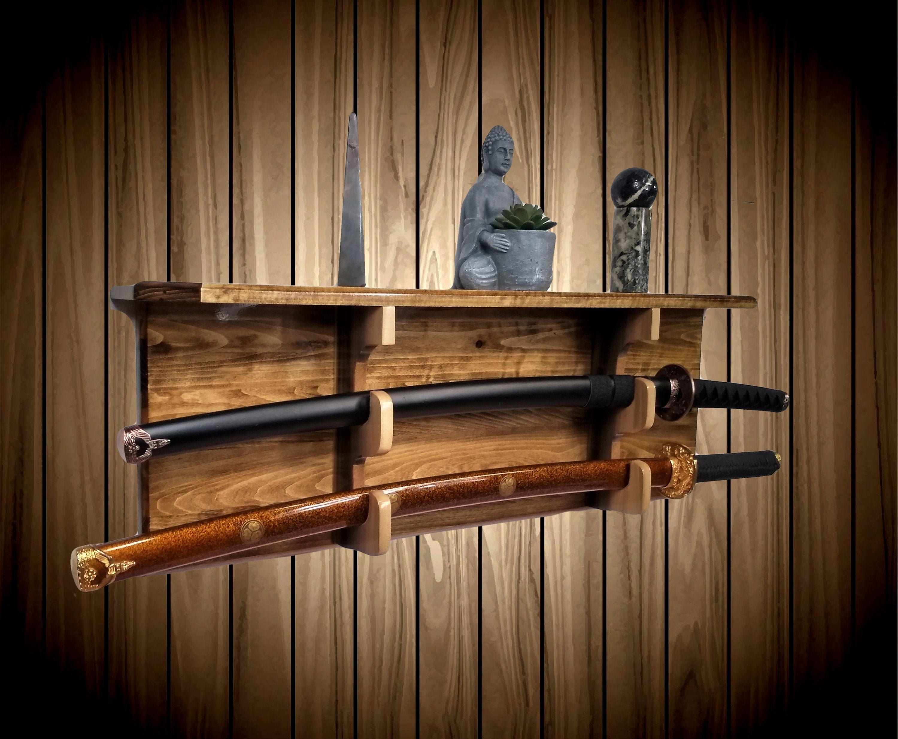 Sword Display Rack w/Shelf, Aspen Wood Wall Mount, Walnut Finish