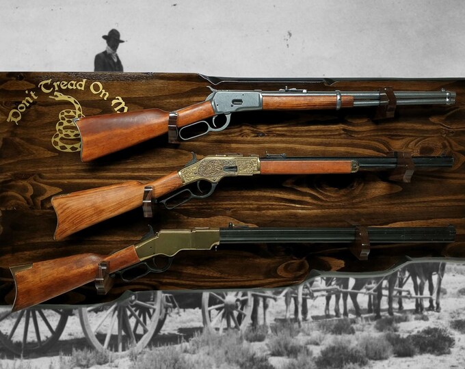 Rustic Knotty Pine 3-Place "Don't Tread on Me" Gun Rack Unique Brown-Tone Finish for Lever Action Rifle Display Ideal Gift for Collectors.
