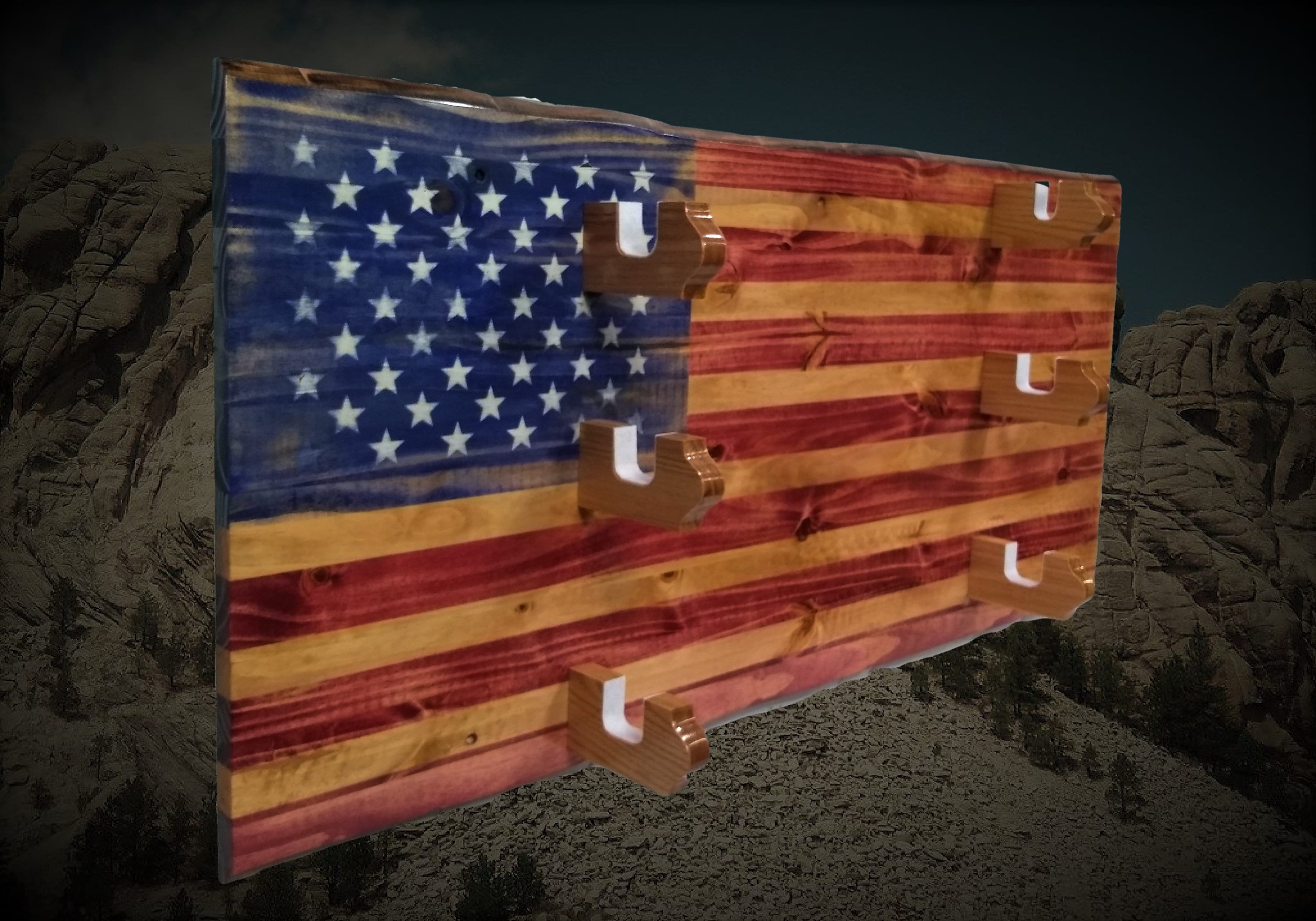 Rustic American Flag Gun Rack Old Glory 3 Place Knotty Pine Rifle Shotgun Patriotic Décor