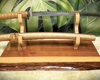 Rustic Red Cedar Sword Display Stand: Katana, Wakizashi, Military