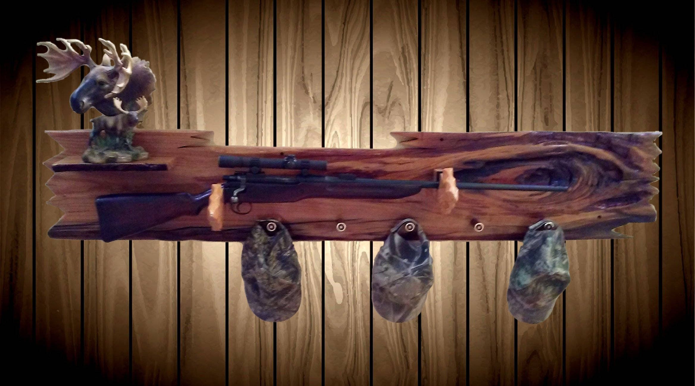 Rustic Live Edge Cherry Wood Wall Gun Rack Shelf Shotgun Shell Hat Coat Rack Mantelpiece Rifle