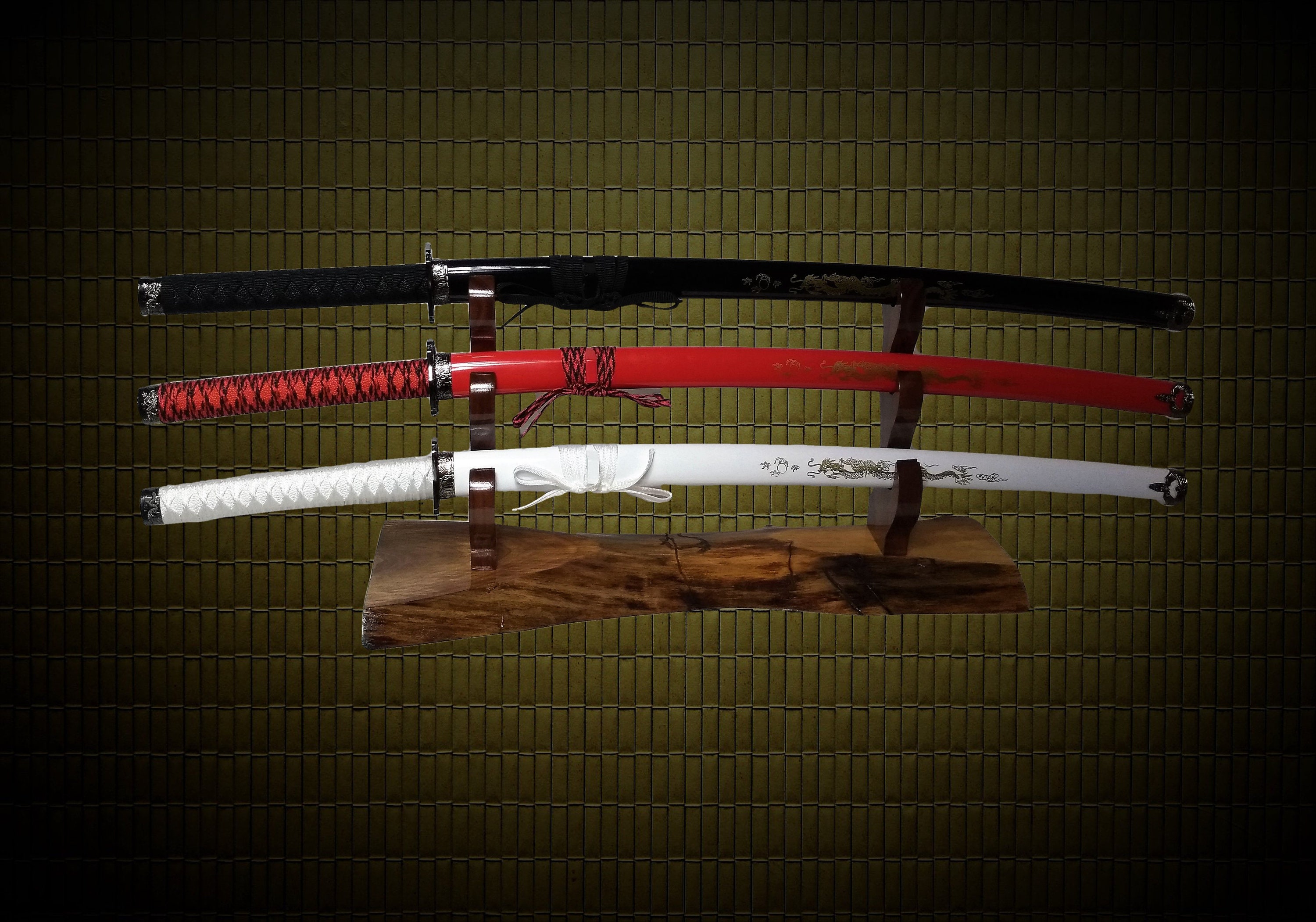 Small Rustic Live Edge Walnut 3 Tier Samurai Sword Display Stand