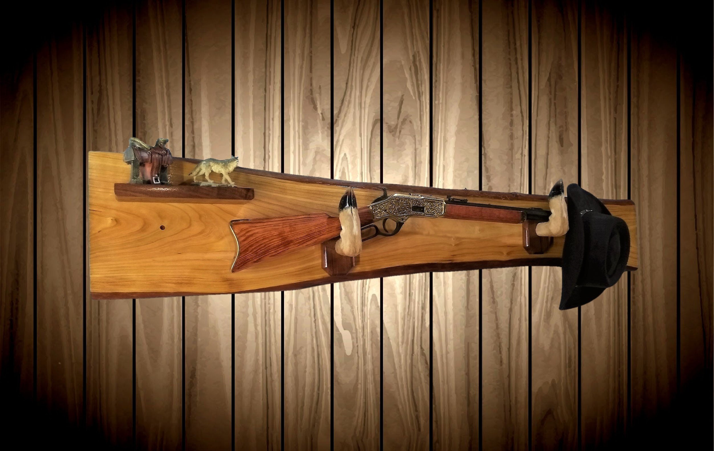 Rustic Gun Rack Live Edge Red Maple Small Shelf Deer Hoof Hangers Wall