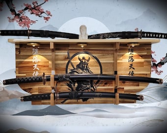 Handcrafted Bushido Lighted Katana Display Shelf with Samurai Armor Decor