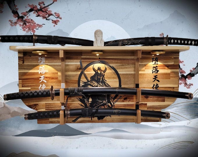 Handcrafted Bushido Lighted Katana Display Shelf with Samurai Armor Decor