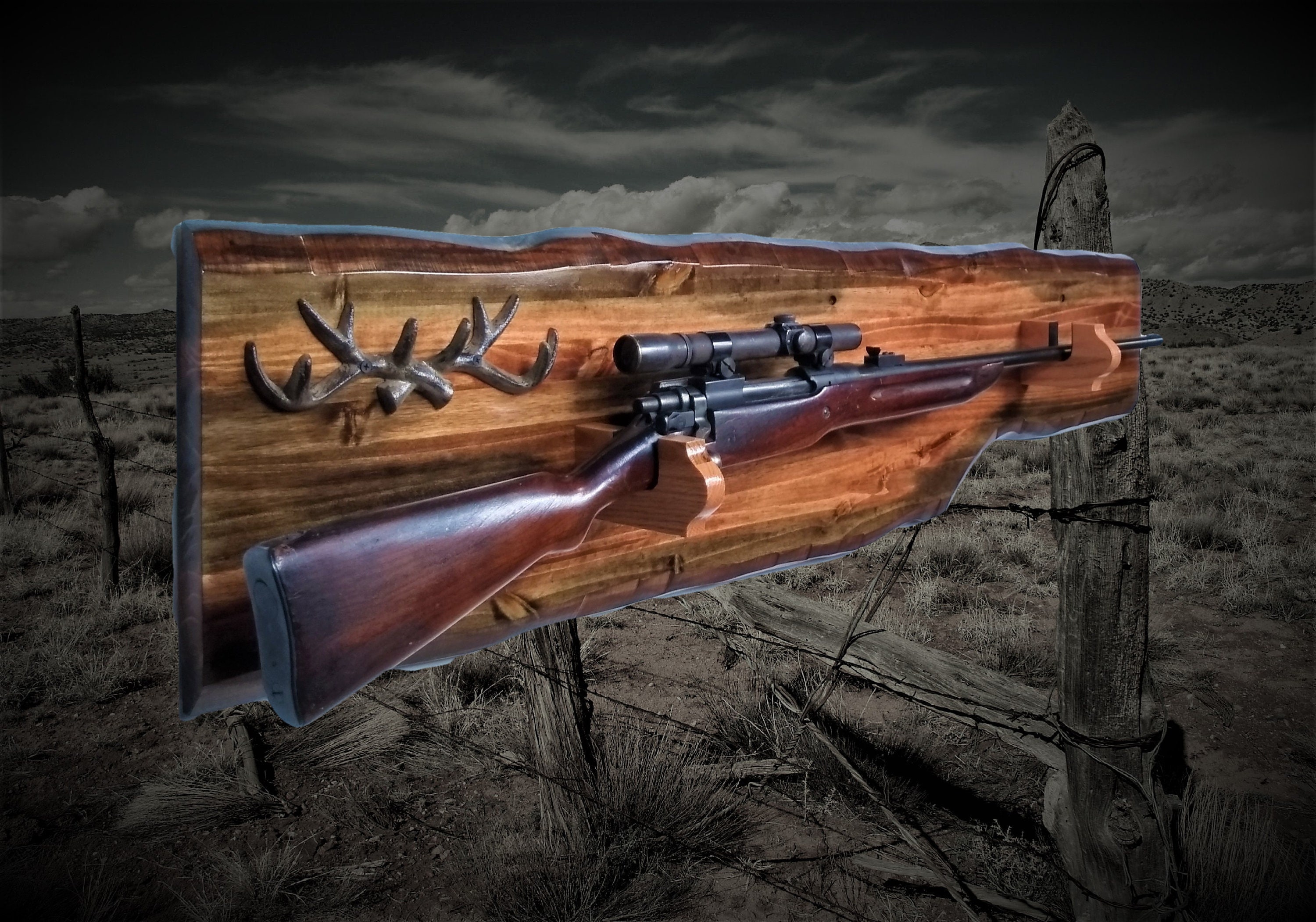 Rustic Gun Rack Imitation Live Edge Antlers Hunting Rifle Display Cabin